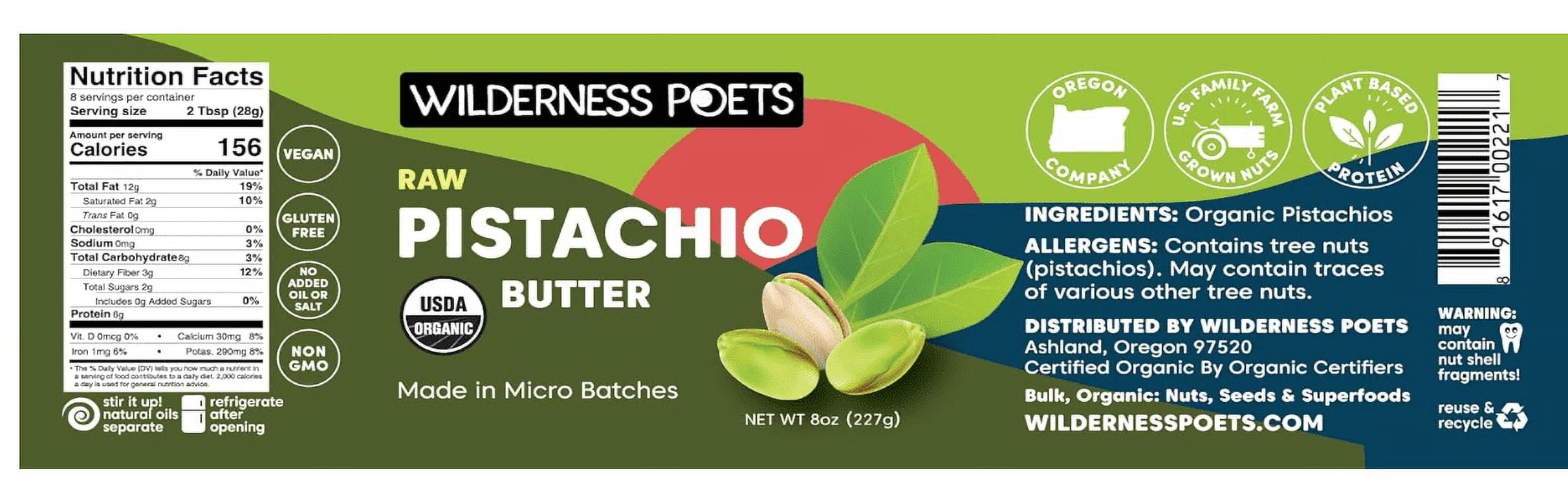 Wilderness Poets Organic Raw Pistachio Butter, 8 oz (227 g)