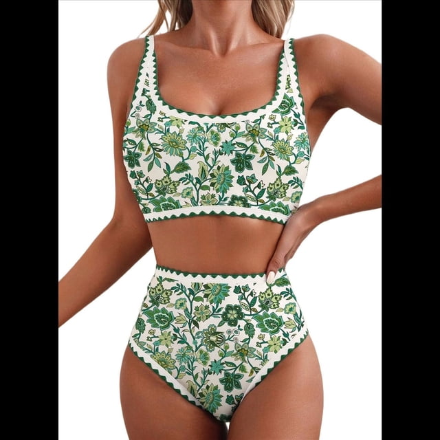 Conjuntos de Bikini para Mujer con Estampado Floral, Trajes de Baño de Dos Piezas con Escote Redondo y Cintura Alta. Flores M