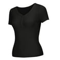 thumbnail image 5 of Holzkary Women's Henley T Shirts Summer Deep V Neck Ribbed Short Sleeve Slim Fit Button Tops Casual Tee Ice T Shirt Woven Sweater Versatile Thin V Neck Slimming Base Layer Worn Outside Black M, 5 of 8