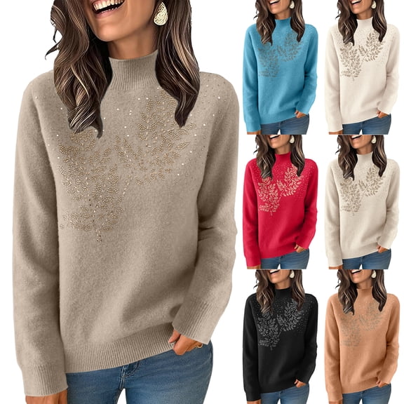 Women's Turtleneck Mock Neck Sweater Long Sleeve Casual Dressy Knit, Fall Winter Trendy Pullover Top Beige M