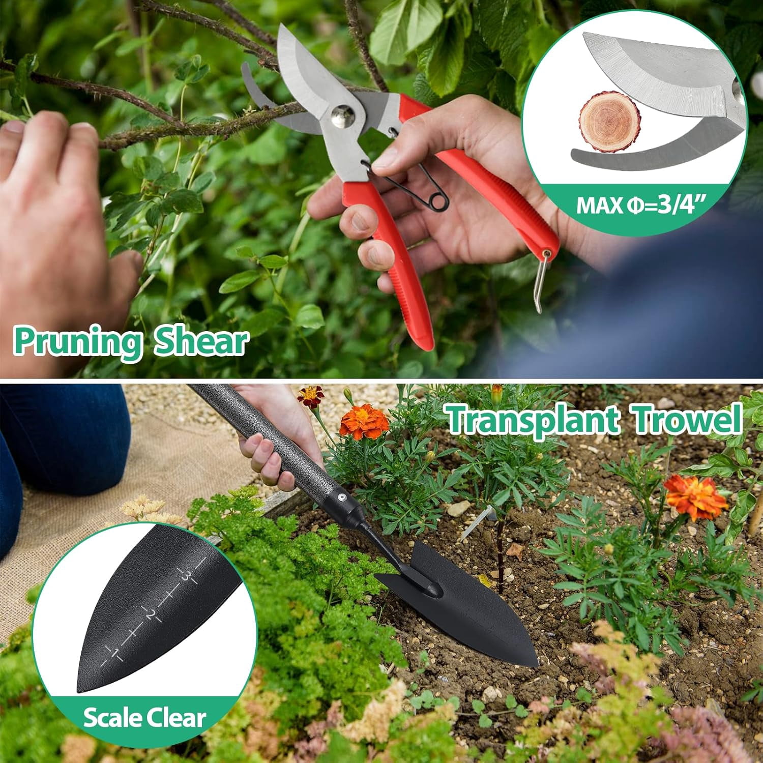 Garden Tool t, 5-Piece Heavy Duty Gardening Tools Kit with Extendable Handle, Metal Trowel, Cultivator, Weeder, Pruner, Back-Saving Grips for Yard Raid Bed, Rust-Proof, Gift Women, Men, Kids