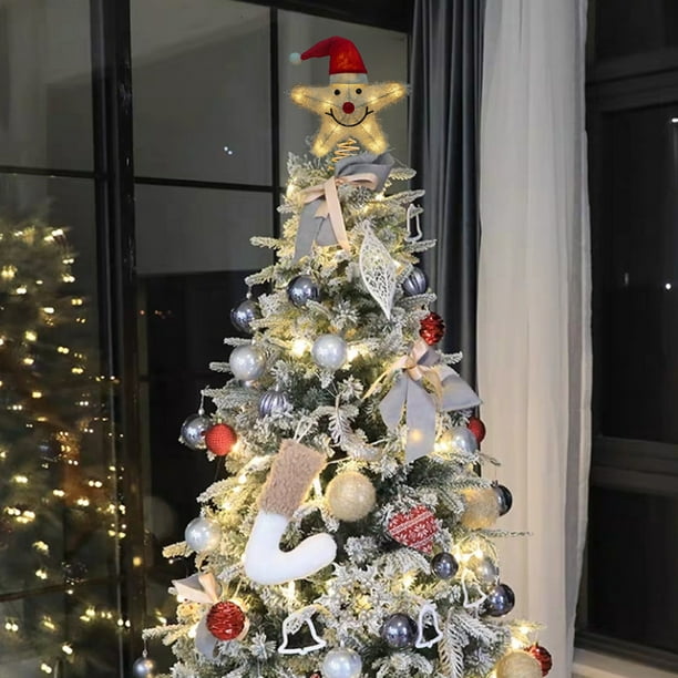 Luz LED de estrella de árbol de Navidad | Hierro forjado Blanco Rojo Acabado en polvo | 9.8"x11.8" | Fácil de poner | Efecto de nube 3D de lana | Decoración navideña plegable reutilizable