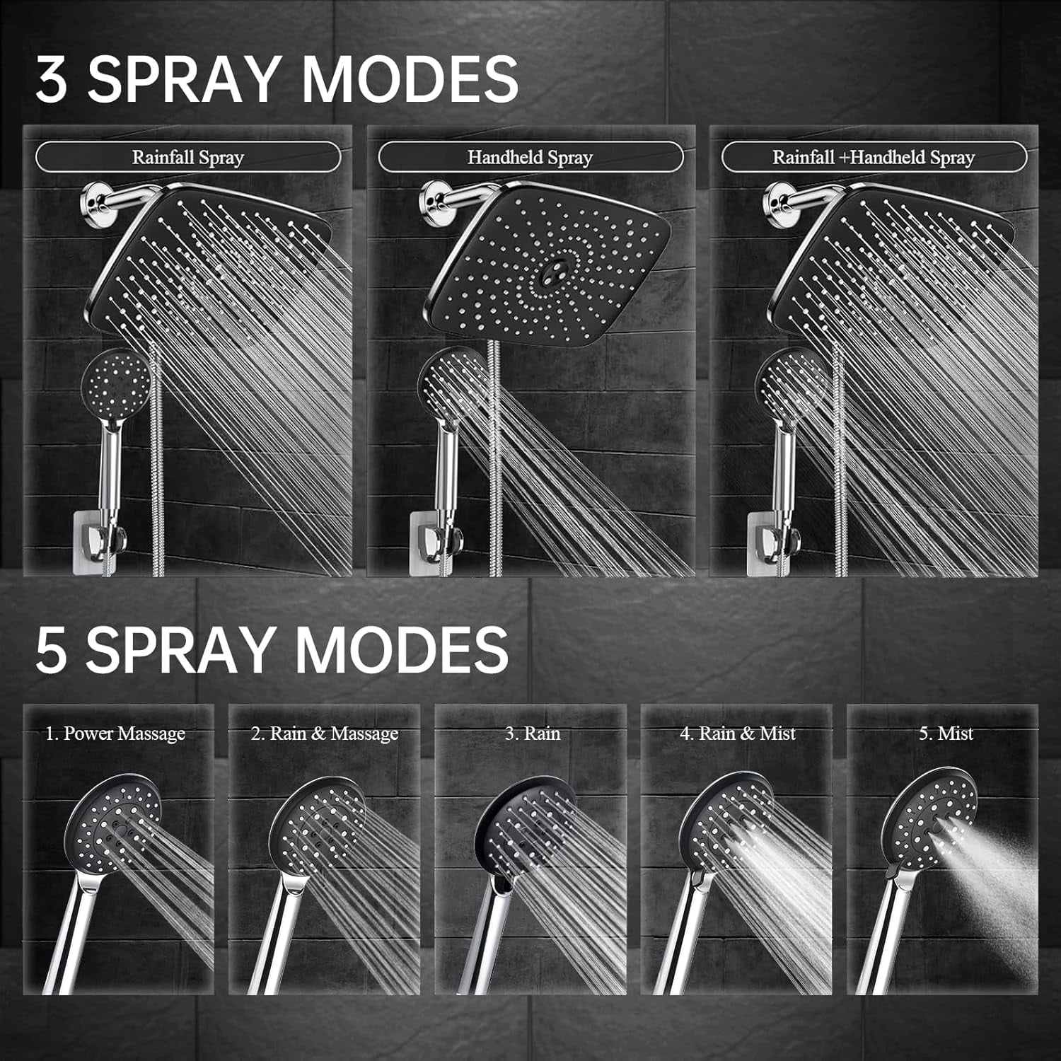 11.8 Inch Rain Shower Head with Handheld- High Pressure Dual Shower Heads with 5 Modes Handheld Spray Combo- Wide Rainfall Showerhead with Hose, Bathroom Accessories, Christmas Gift, Chrome