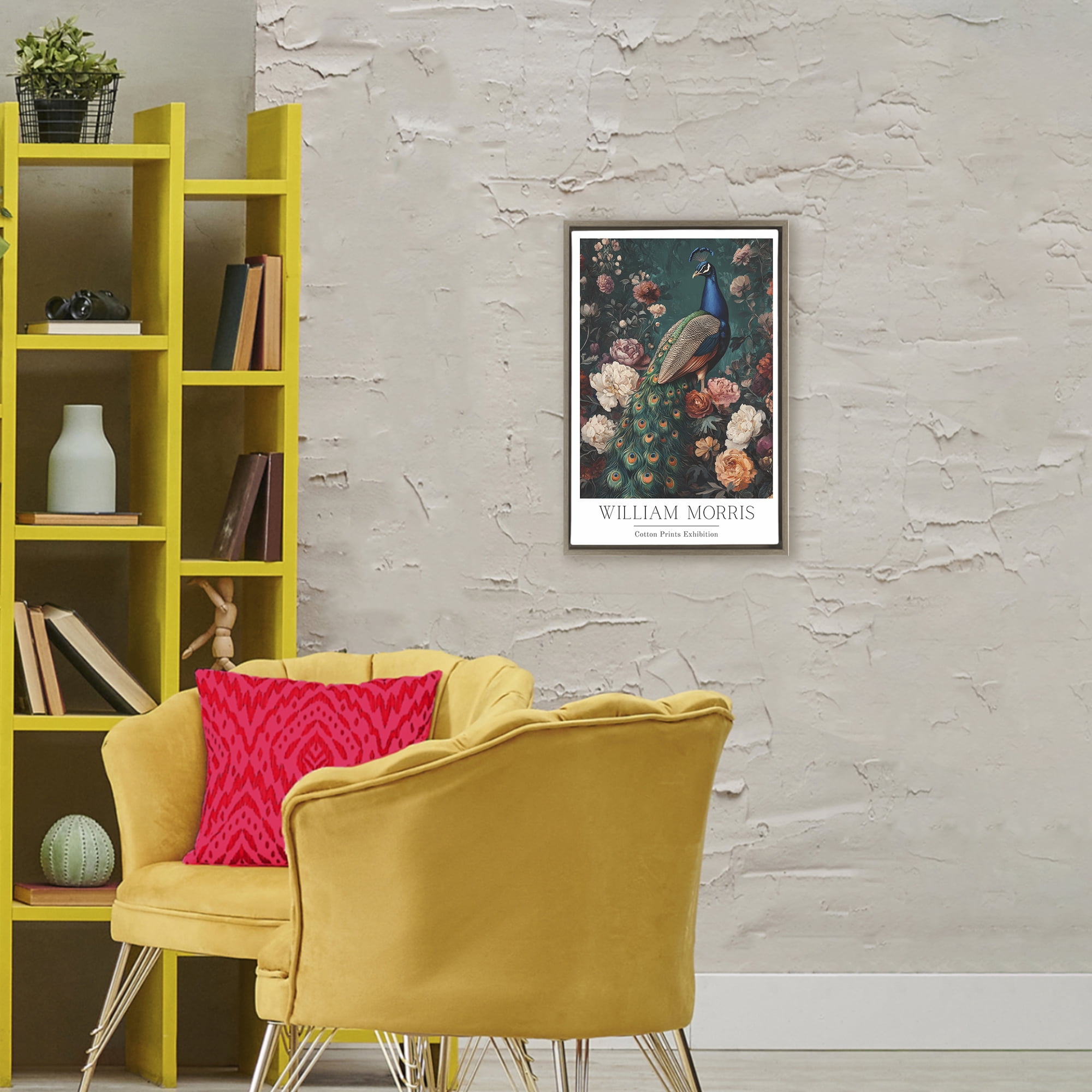 Stupell Industries Vintage Floral Peacock William Morris Brown Framed Floater Canvas Wall Art, design by Petal Prints Design
