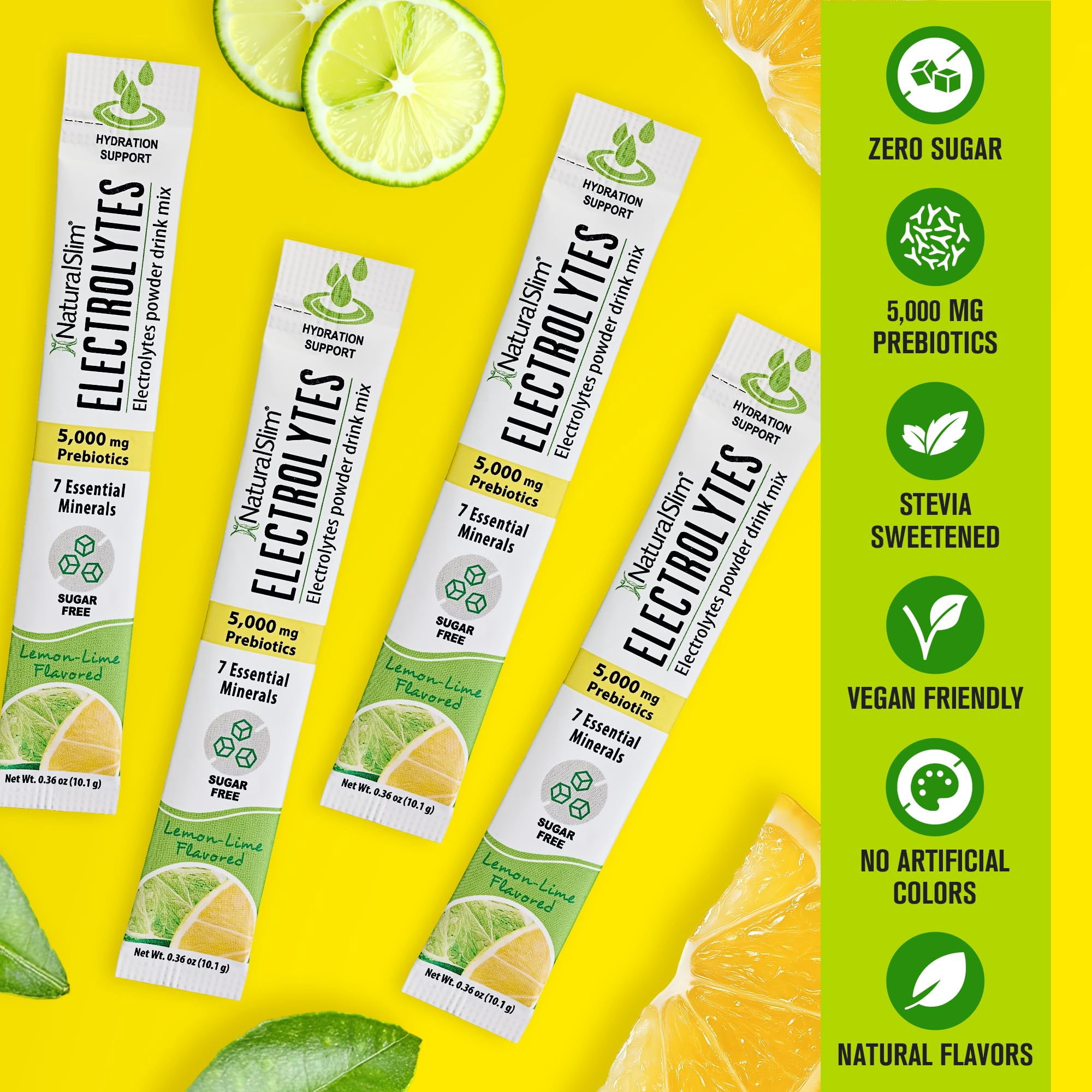 NaturalSlim Electrolytes Powder, Sugar-Free Hydration & Energy Drink Mix with Prebiotics, Lemon Lime, 16 Stick Packs (5.7 oz)