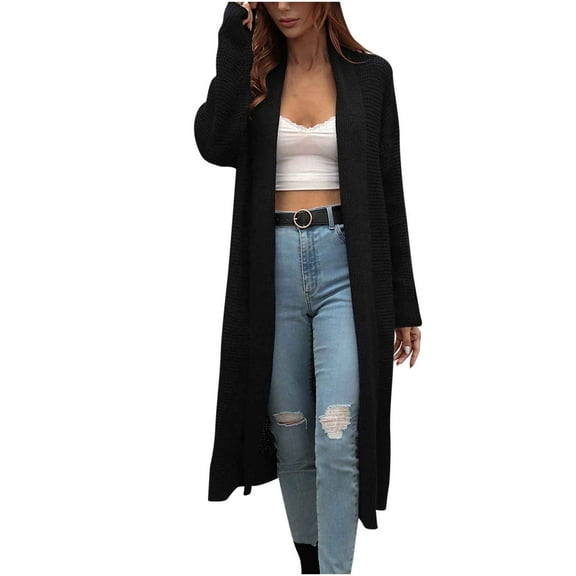 Odeerbi Cardigan For Women Fall Long Cardigans Trendy Long Sleeves Solid Color Loose Tops Blouse Sweater Black