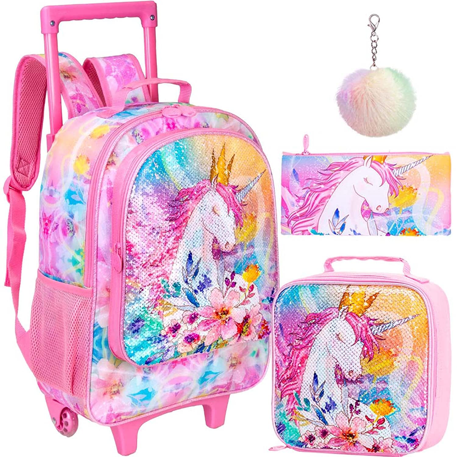 4PCS Rolling Backpack for Girls, little Kids Unicorn Bookbag with Wheels, Suitcase School Bag