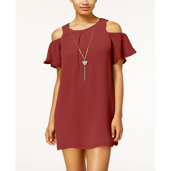 As U Wish Juniors Cold Shoulder Necklace Shift Dress Rust S