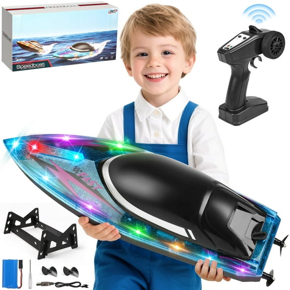 Hot Bee RC Boat for Kids 8-12, Fast Remote Control Boat for Water Pools with LED Lights, 2.4 GHz Racing Boats for Kids & Adults with Rechargeable Battery, Capsize Recovery, Gifts for Boys Girls