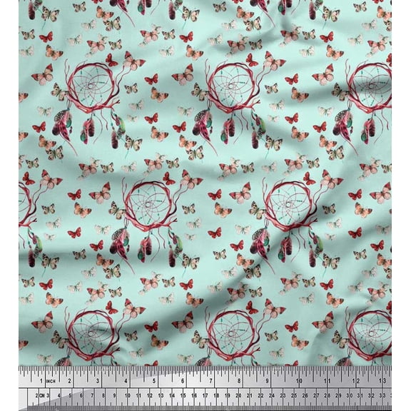 Soimoi Japan Crepe Satin Fabric Dream Catcher & Butterfly Print Sewing Fabric Yard 42 Inch Wide