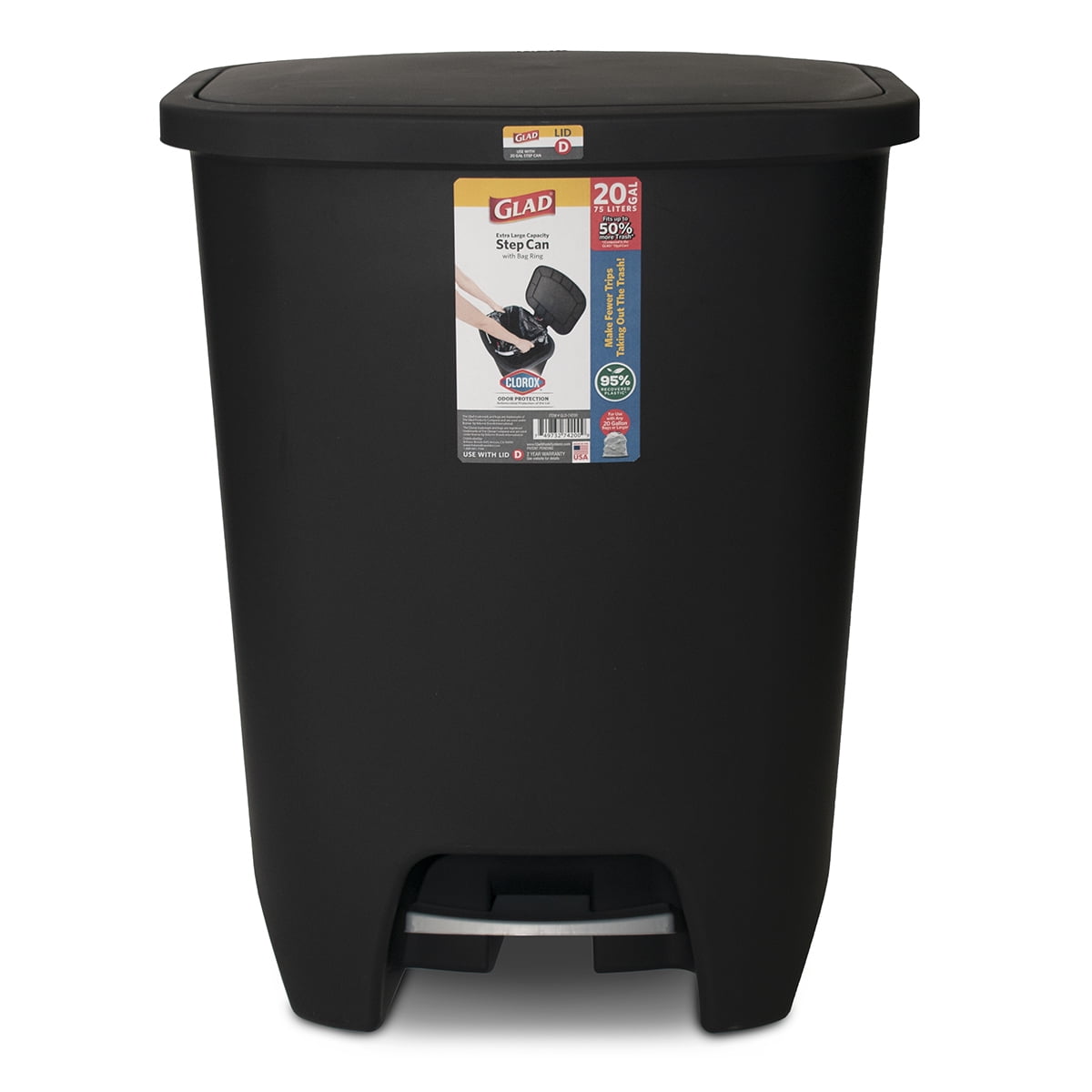 GLAD 20 Gallon Trash Can, Plastic Step On Kitchen Trash Can, Black