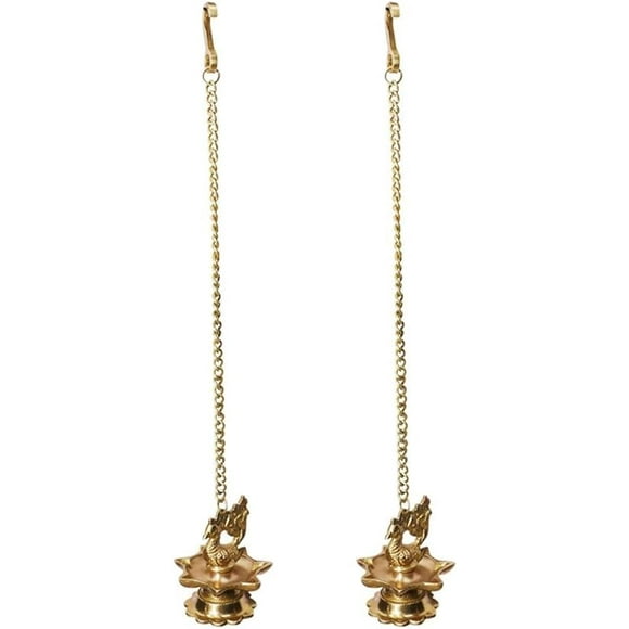 Wgloryind Traditional Brass Hanging Peacock Diya with Chain 16 Inches | Deepak | Oil Lamp | Pack of 2, Golden