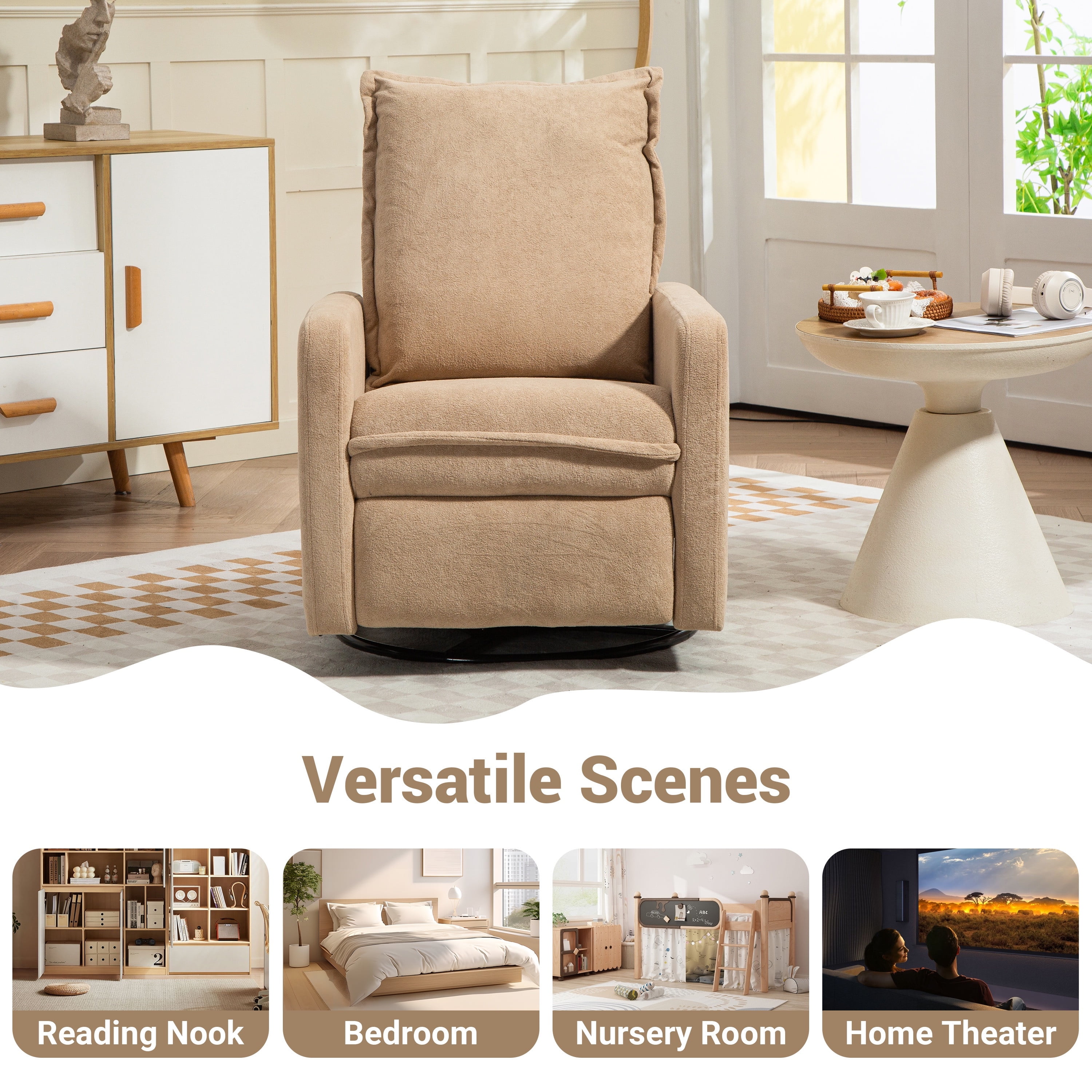 Paproos Swivel Rocker Recliner, Velvet 360°Swivel Rocking Recliner, Glider Rocking Chair for Nursery, Small Rocker Chair for Small Space, Manual Recliner for Adults for Home Theater, Camel