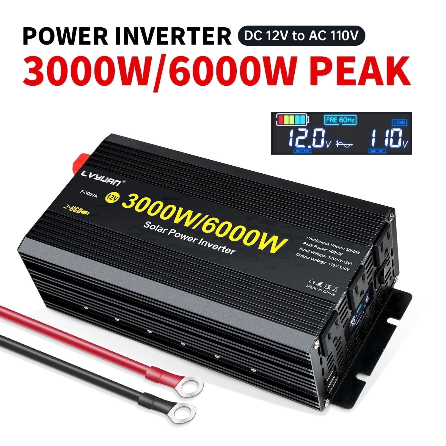 3000W Power Inverter 12V DC to 110V AC Car Inverter Converter with LCD Display, 3AC Outlets & 2 USB for Car, RV, Outdoor Camping & Home Backup Black Peak Modified Sine Wave Power Inverter