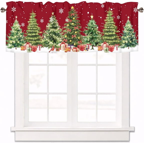 Christmas Tree Curtain Valance for Windows Rod Pocket Snowflakes Red Green Window Treatments 1 Panel Short Curtains for Kitchen Bathroom Bedroom,54 x 18 Inch