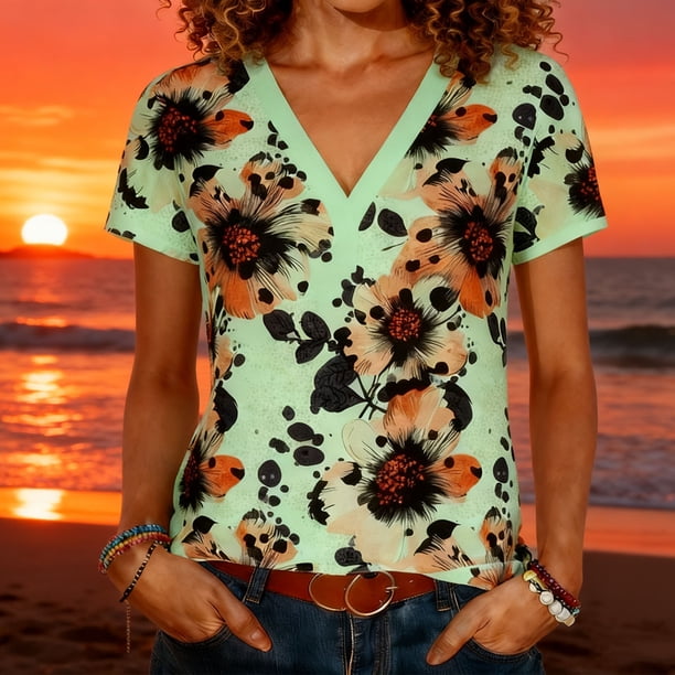 Tejiojio Women's V-Neck Loose Fit Solid Color Blouse Short Sleeve Button-Down Casual S-2XL