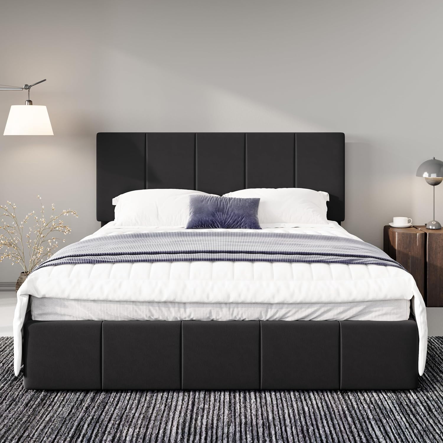 Allewie Queen Size Dutch Velvet Upholstered Platform Bed Frame/Vertical Channel Tufted Adjustable Headboard/Low Profile Bed Frame/No Box Spring Needed/Easy Assembly/Black