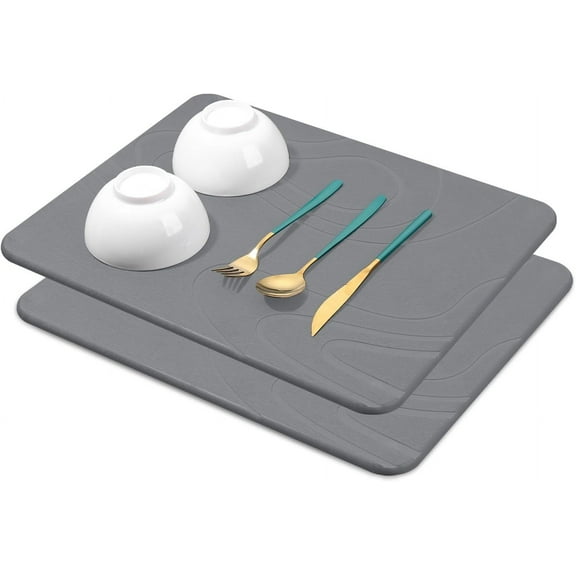 2 Pack Stone Dish Mat for Kitchen Counter, Dirt-Resistant Quick Drying Fast Absorbent Non-Slip Diatomite Mat, Natural Diatomaceous Earth Dish Drying Pad (Dark Grey)