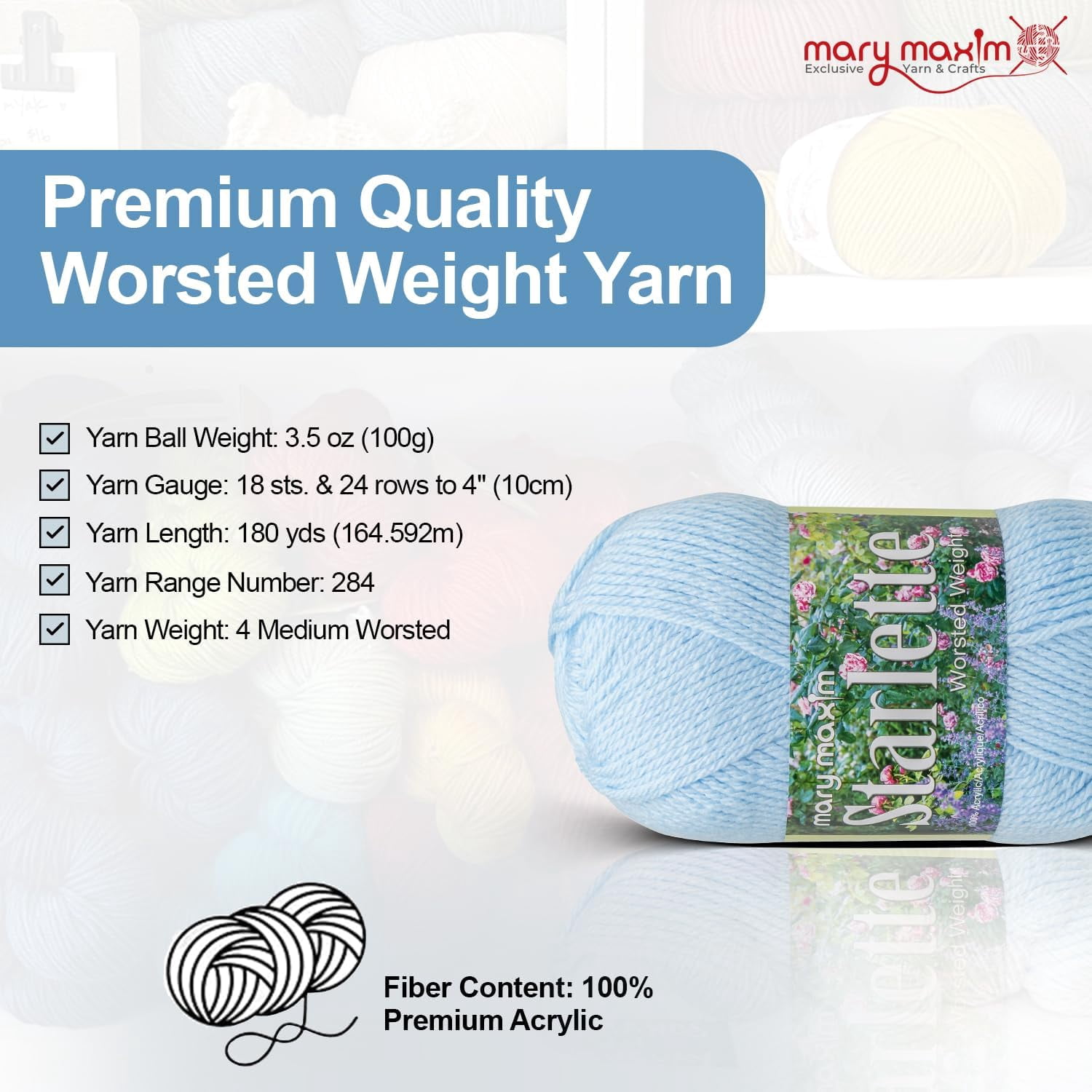 Mary Maxim Starlette Crochet and Knitting Yarn - Acrylic Worsted Weight Yarn 4, Soft Blue