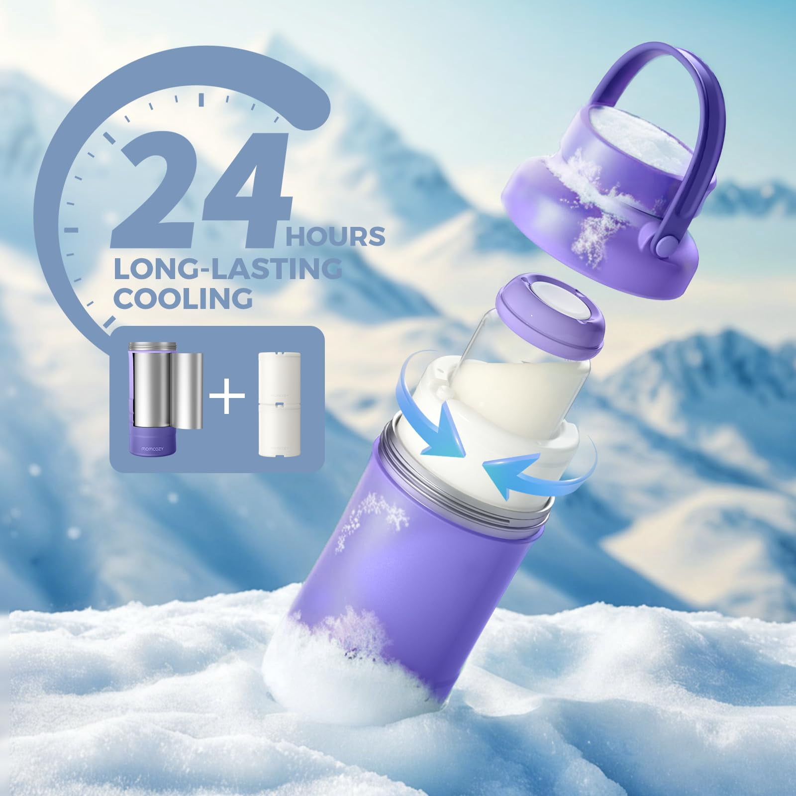 Momcozy Breast Milk Cooler offers 24H+ extended cooling with 360° surround cooling tube technology, keeping breast milk fresh and nutrient-rich during outdoor