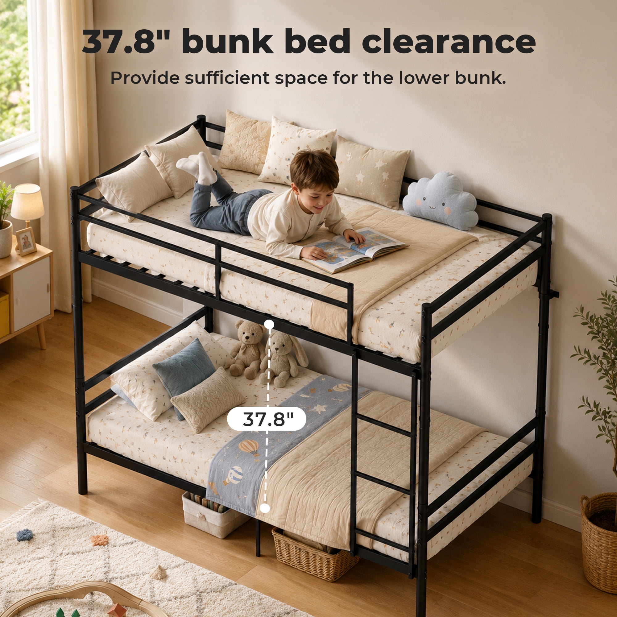 Alvantor Bunk Bed Twin over Twin, Metal Bunk Bed for Kids with Ladder and Anti-tip Bracket, Converted Into 2 twin bed Black