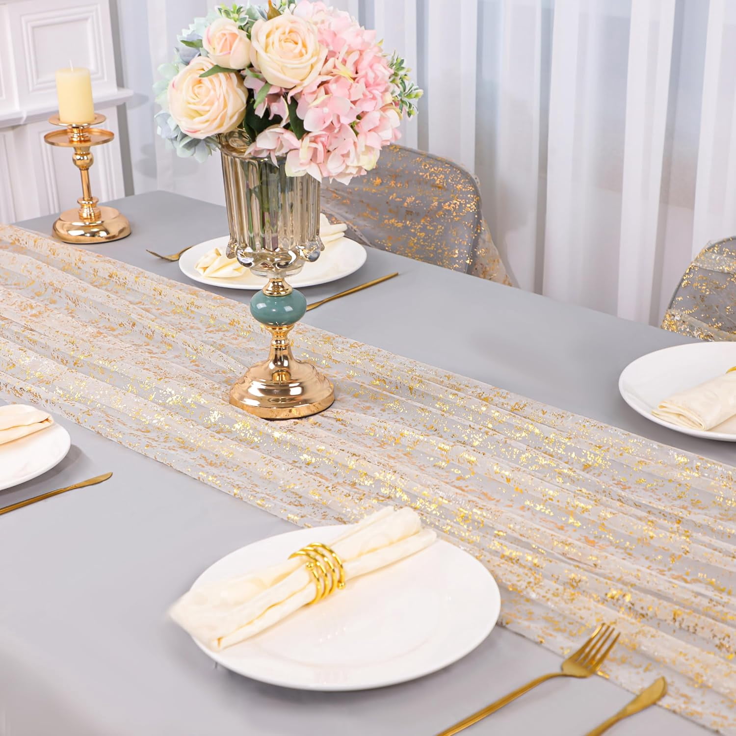 Dalrosia 10FT Gold Table Runner, Gold Gauze Sheer Chiffon Cheesecloth Runner Sequin Glitter Metallic Foil, Gold Party Table Decorations Centerpiece for Wedding Birthday Christmas Bridal Baby Shower