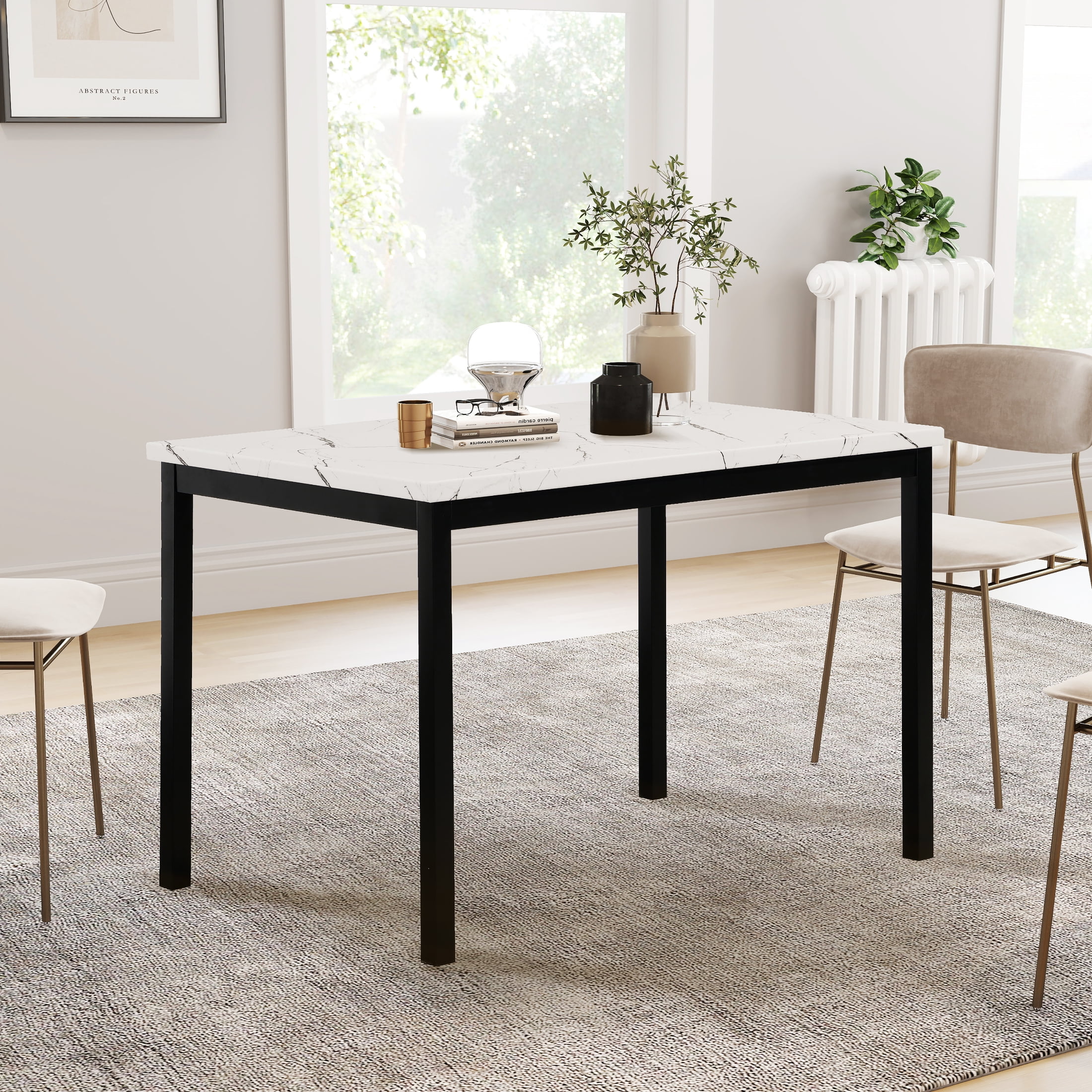 Roundhill Furniture Noyes Metal Dining Table with Laminated Faux Marble Top, Off White