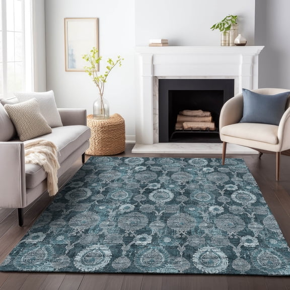 Addison Rugs Chantille Indoor/Outdoor Transitional Damask Teal Washable Rectangle Rug, 5' x 7'6"
