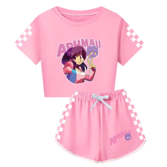 APHMAU Girls' Short Sleeve Set Kids Fashion Short Sleeve T-shirt and Shorts 2-piece Set, Suitable for 6-13 Years Old