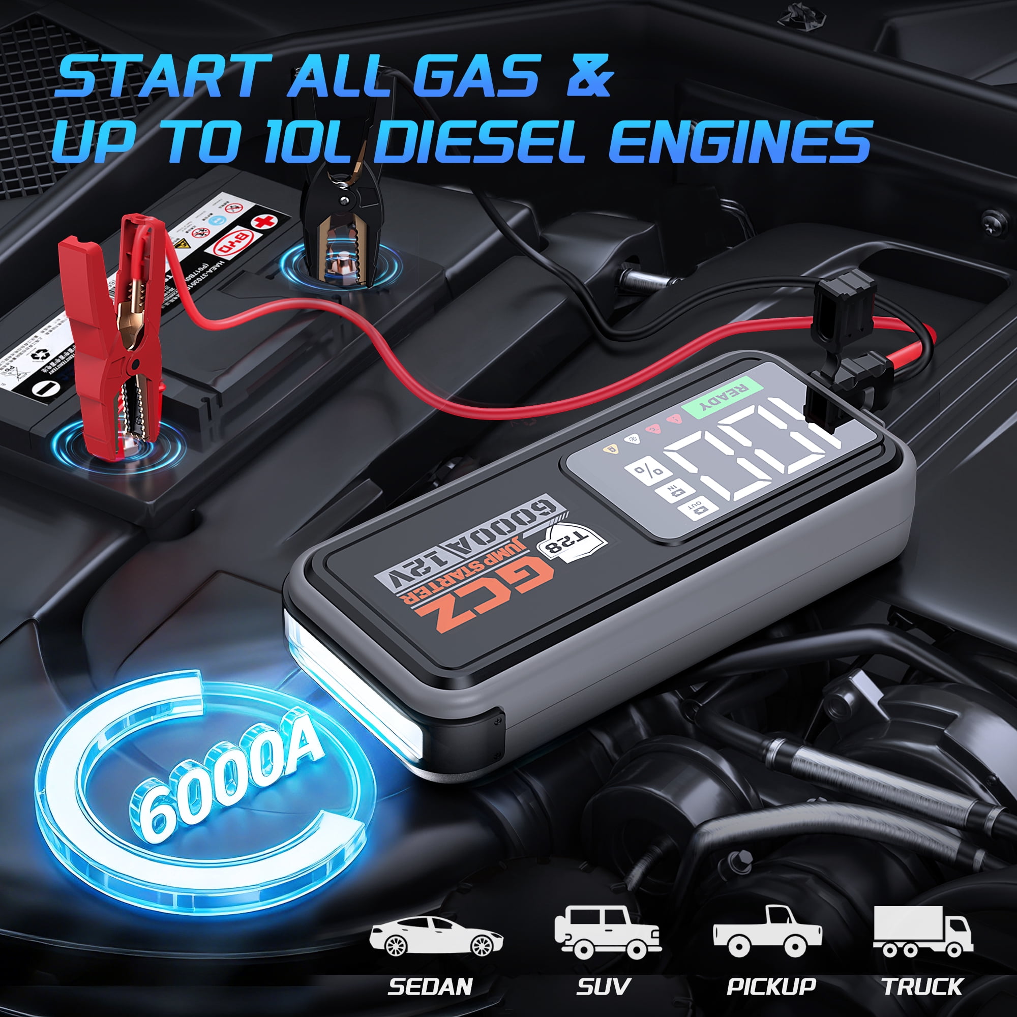 GCZ 6000A Portable Car Jump Starter, 32000mAh Battery Booster for All Gas & Up to 10L Diesel Engines, 12V Auto Jump Box with LED Display, QC3.0 Fast Charging Power Bank, EVA Carrying Case