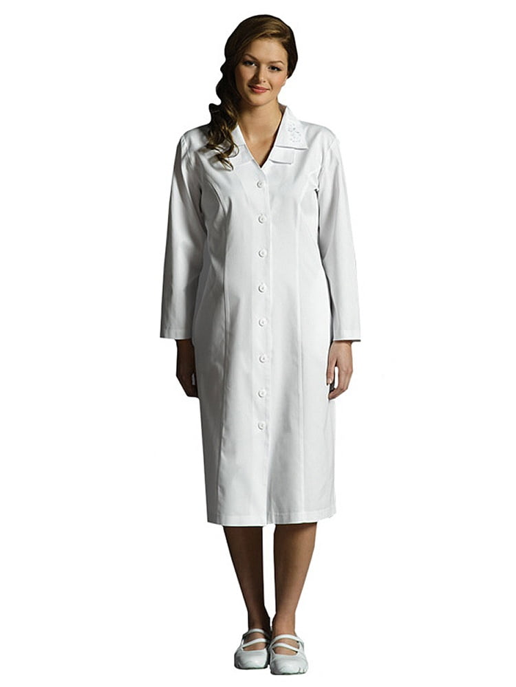 "WHITE CROSS Women's Long Sleeve Embroidered Collar Scrub Dress, White