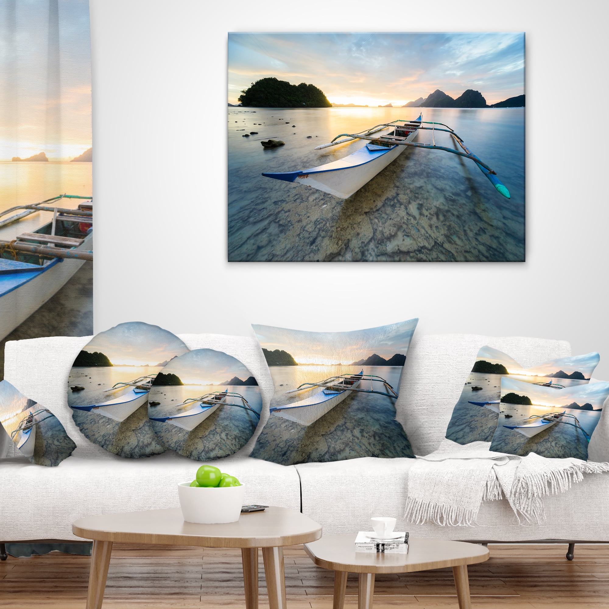 Designart Boat Docked at Beautiful Sunset - Seashore Throw Pillow - 16x16