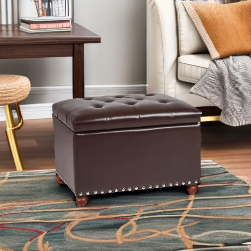 Leather Storage Ottoman  Foot Rest Stool with Nailhead Trim (Dark  - Button Tufted Leather)