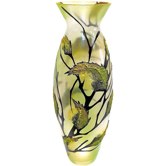 Victoria Bella 20" Decorative Vase, Abstract Leaf Green, European Glass with a Handmade Unique Pattern