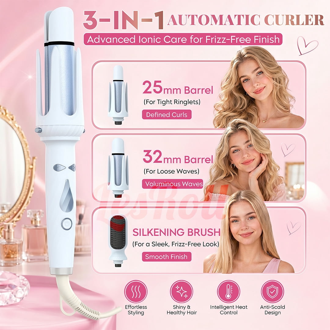 3-in-1 Curling Iron & Straightener Brush Kit – 1” & 1.25” Barrels for Beach Waves, Loose Curls & Smooth Hair