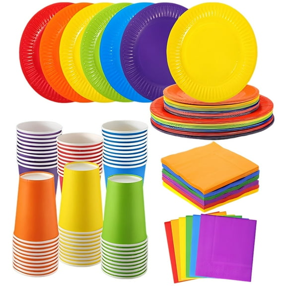 120 Pcs Rainbow Party Supplies, 30 Sets 7 & 9 in（17.8 & 23 cm）Paper Plates Cups Napkins, Disposable Tableware Set for Birthday Party Decorations, Art, and DIY Projects