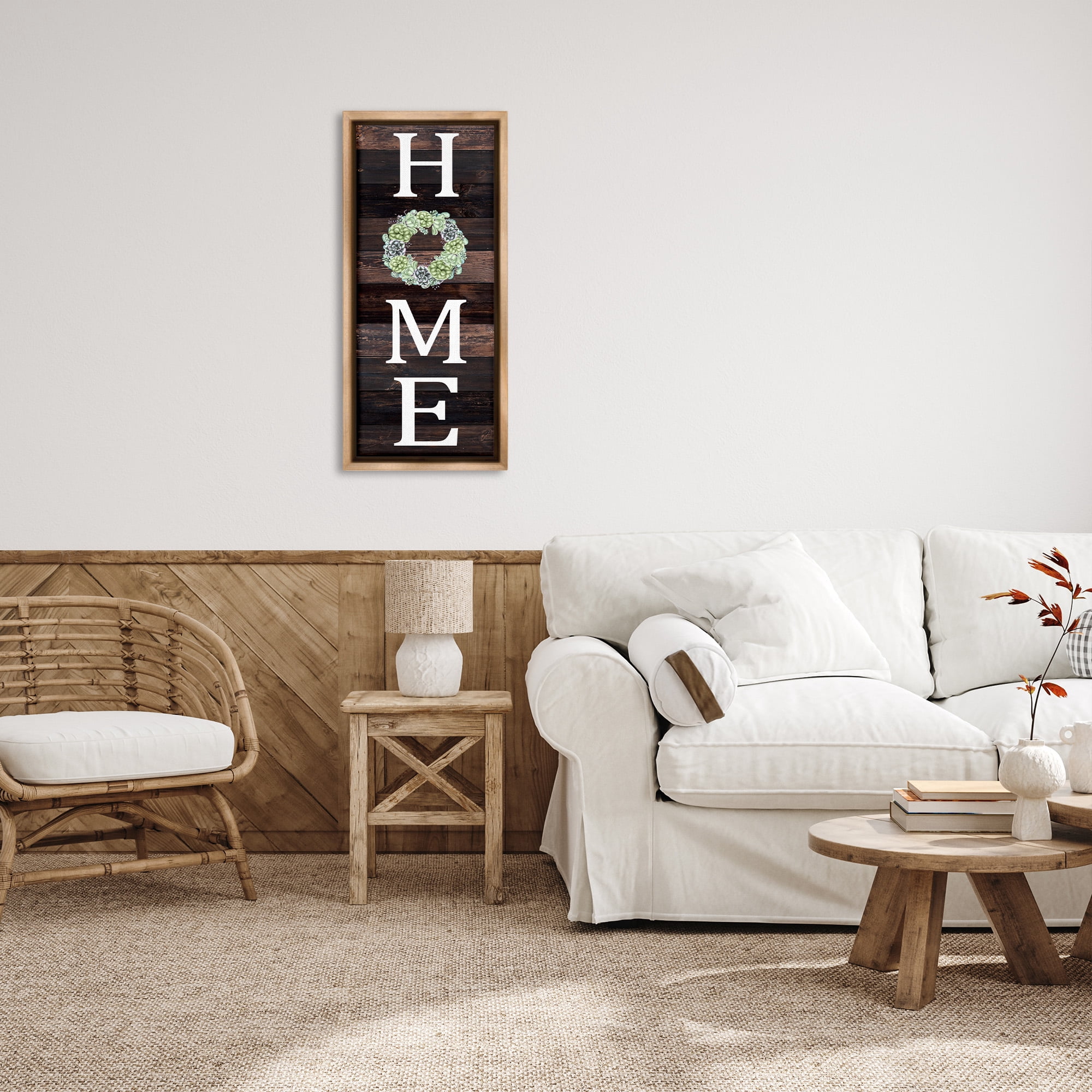 Stupell Industries Welcome Home with Succulent Wreath Typography Painting Brown Floater Framed Canvas Art Print Wall Art, 15 x 31