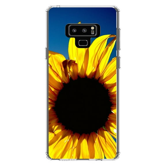DistinctInk Clear Shockproof Hybrid Case for Samsung Galaxy Note 9 - TPU Bumper, Acrylic Back, Tempered Glass Screen Protector - Blue Yellow Sunflower Sky