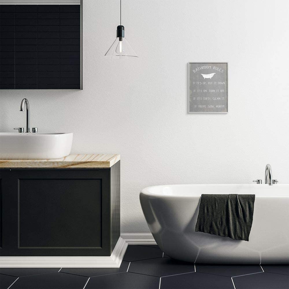 Stupell Industries Countryside Bathroom Rules Sign with Claw Bath Graphic Art Gray Framed Art Print Wall Art, 11x14, by Daphne Polselli