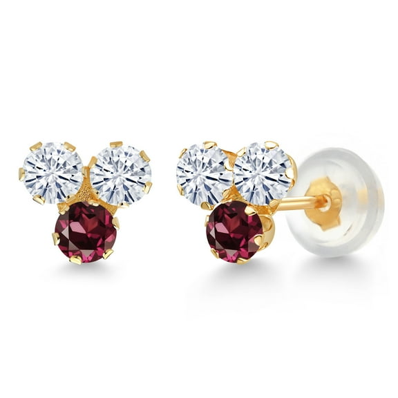 Gem Stone King 14K Yellow Gold White Moissanite and Red Rhodolite Garnet Three Stone Stud Earrings for Women (0.64 Cttw, Gemstone, Round 3MM)