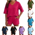 thumbnail image 1 of Sentmoon Ensemble pour Femmes Hauts de Printemps pour Femmes et Shorts de Gym pour Femmes Manches Courtes Col Rond Hauts pour Femmes Chic Décontracté Taille Élastique Coupe Régulière Chemisier pour Femmes avec Poches P-2TG, 1 of 7