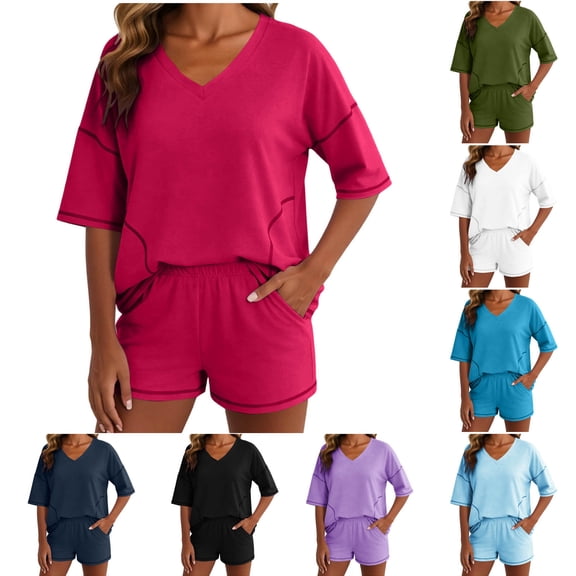 Bovxnpu Women 2 Piece Loungewear Set Beach Vacation Sweatsuit Tracksuit Set Fashion Casual Pocket Short Sleeve Crew Neck Top Elastic Shorts Set Summer Outfits