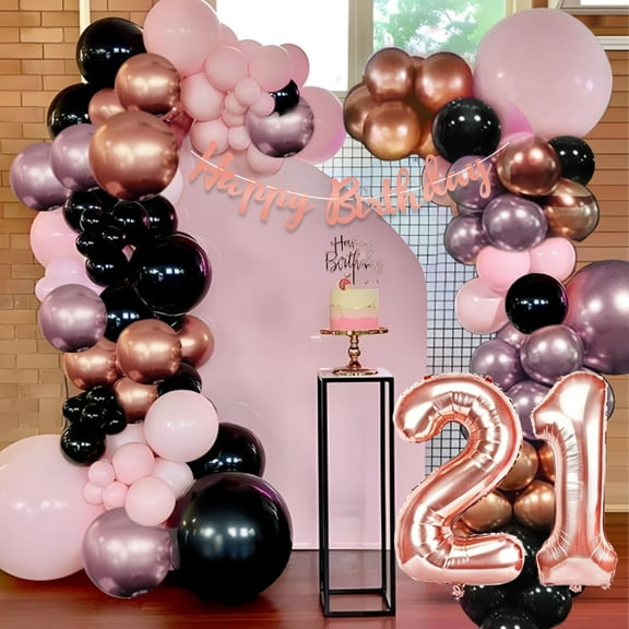AYUQI 21st Birthday Decorations For Her, Black Rose Balloons Gold 21st Happy Birthday Birthday Banner Number 21 Foil Balloon for 21 Years Old Birthday Party