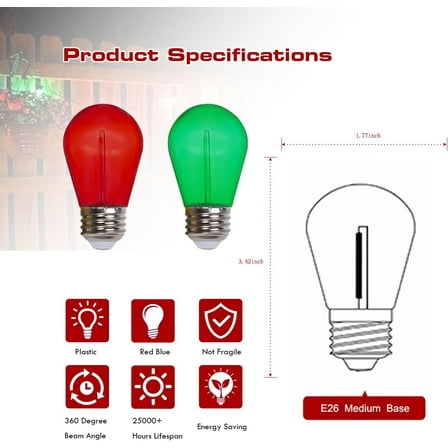 THESG-Colored String LED Light Bulbs - 1 watt Plastic Outdoor Indoor S14 Bulbs for Christmas String Light Replacement - Shatterproof - E26 Base - 24Pack - Red/Green