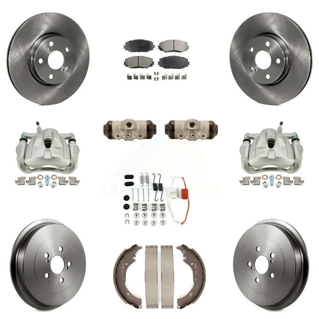 Transit Auto Front Rear Disc Brake Caliper Rotors Drums Ceramic Pads Shoes Wheel Cylinders and Hardware Kit (11Pc) for Car 2009-2013 Toyota Corolla KC8-100939T