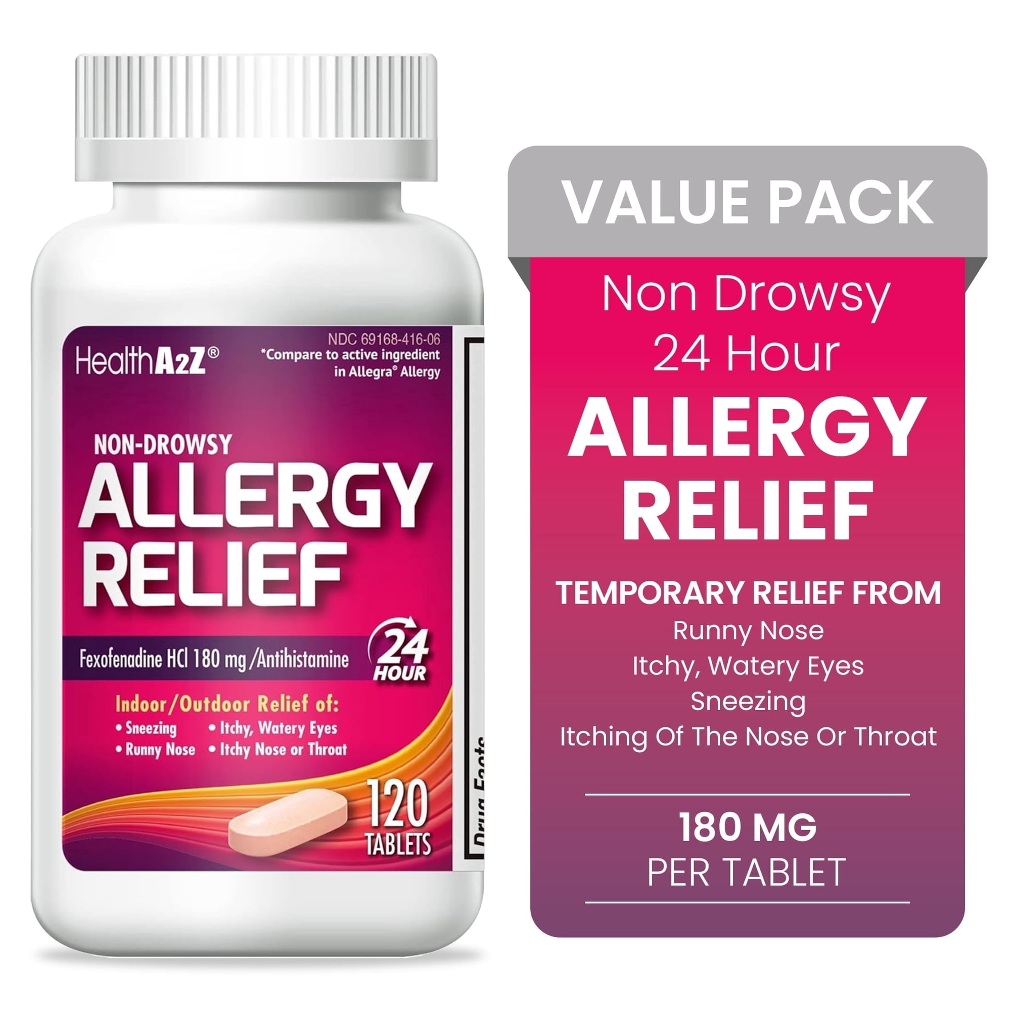 HealthA2Z Fexofenadine Antihistamine - 24 Hour Non-Drowsy Relief - 120 Count 180 mg