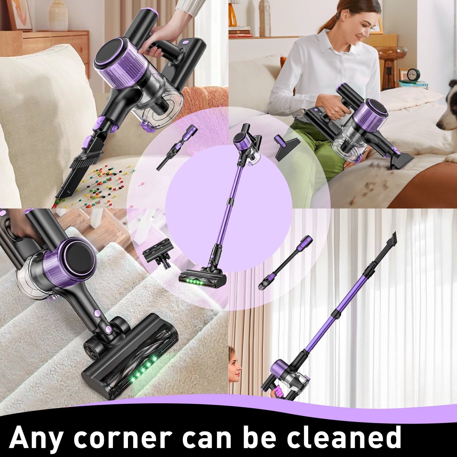 A27 Cordless Vacuum Cleaner, Stick Vacuum with Powerful Suction, Hose, Green LED Light, Anti-Tangle Brush, Lightweight Rechargeable Vacuum Cleaner for Home, Hardwood Floors, Carpets,Purple