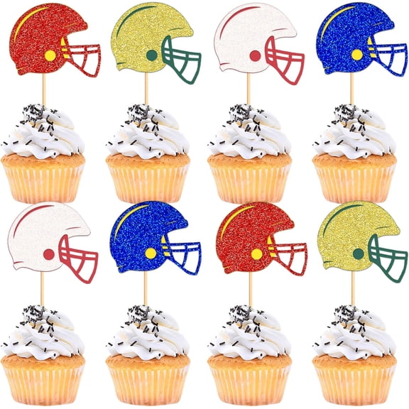 12Pcs Football Helmet Cupcake Toppers, Multi-Color Glitter Football Picks for Super Bowl Party, Game Day, Sports Themed Birthday Cake Decorations