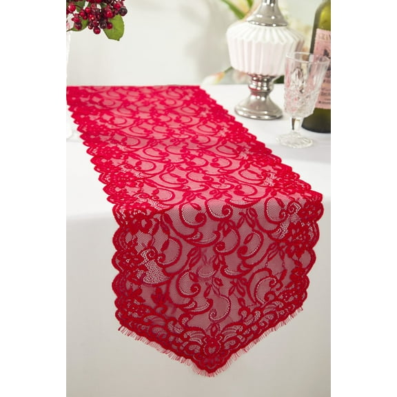 Wedding Linens Inc. 12" x 108" Chantilly Lace Table Runner for Wedding, Events, Décor and Home Decoration use - Red