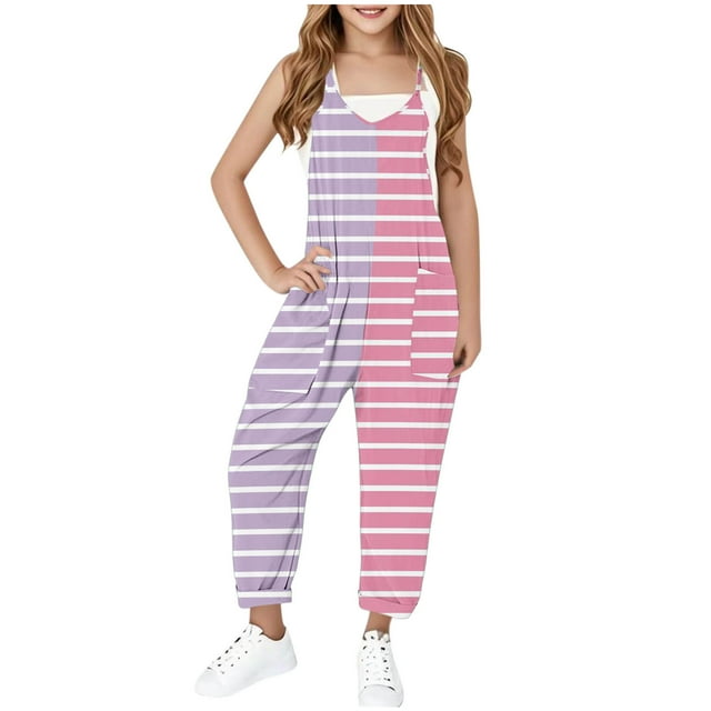 YUNAFFT Filles 5-14 Ans Salopette Sans Manches à Rayures avec Poches, Combinaison à Imprimé à Blocs de Couleur Tissu Doux Extensible Jeu Décontracté et Superposition